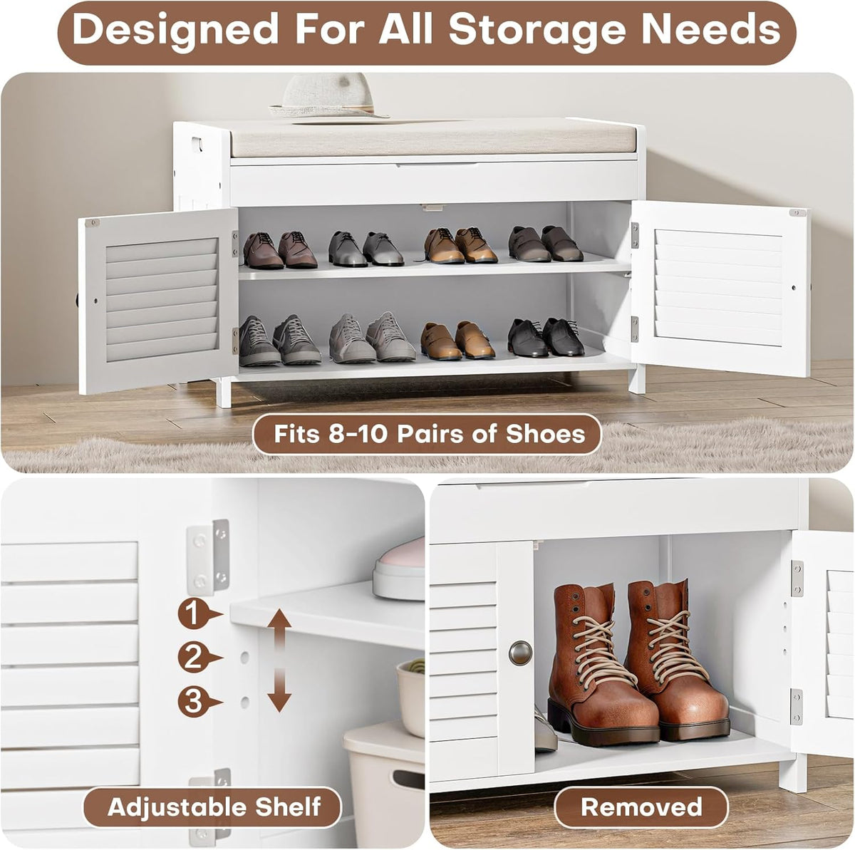 Shoe Storage Bench with Lift Top Storage, Entryway Bench with Cushioned Seat, Adjustable Shelf, 2