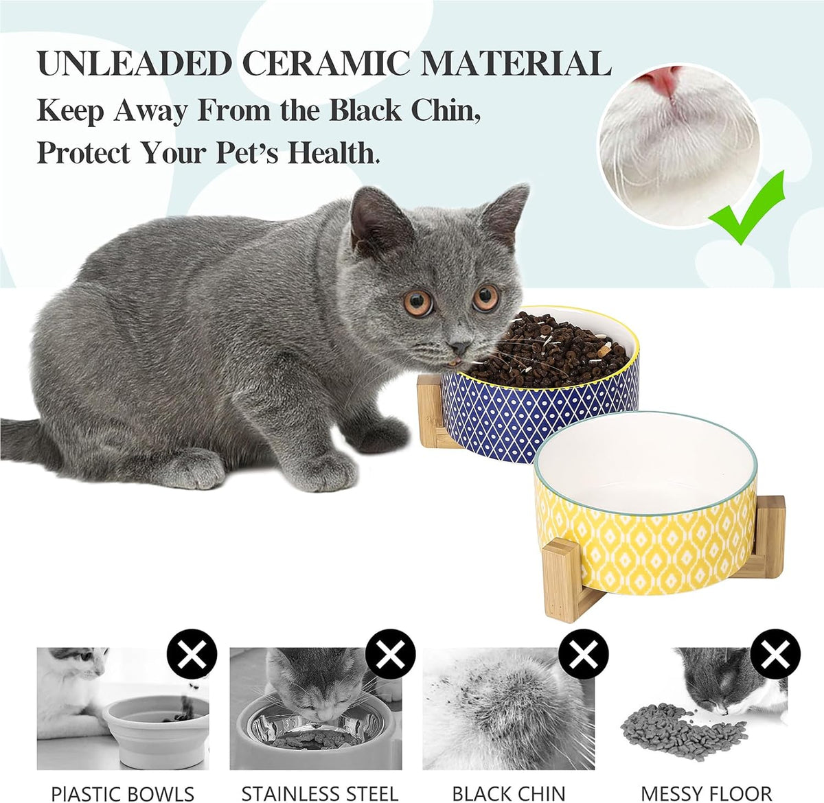 Selamica Ceramic 14 oz Dog Bowls - Anti-Slip Pet Dishes Set with Wooden Stand for Cats & Small