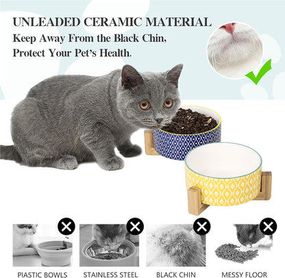 Selamica Ceramic 14 oz Dog Bowls - Anti-Slip Pet Dishes Set with Wooden Stand for Cats & Small
