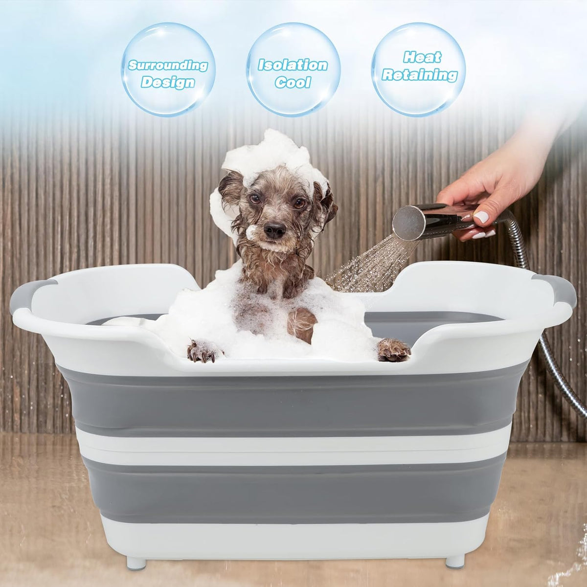 FHTONGE 7.13 Gal/27L Raised Collapsible Dog Bathtub with Drain Hair Catcher, Multifunctional Pet