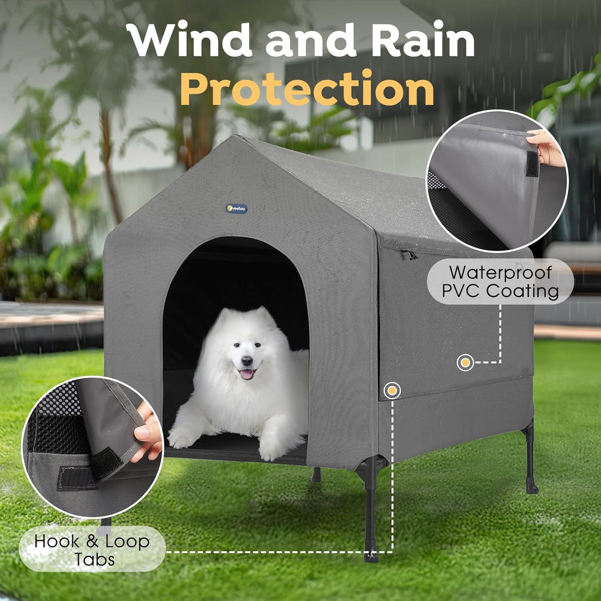 Veehoo 41" Dog House, 2-in-1 Large Dog House Outdoor Indoor Weatherproof, Outside Elevated Dog Cot