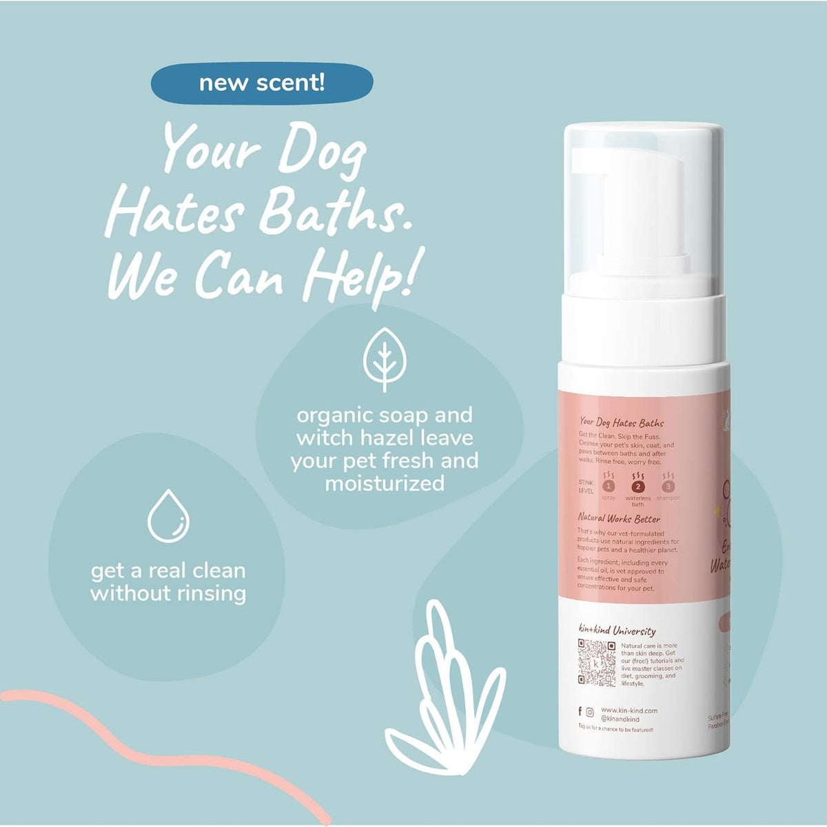 kin+kind Waterless Dry Shampoo for Dogs - Rinse-Free, Eliminate Itch and Odor, Natural Formula with