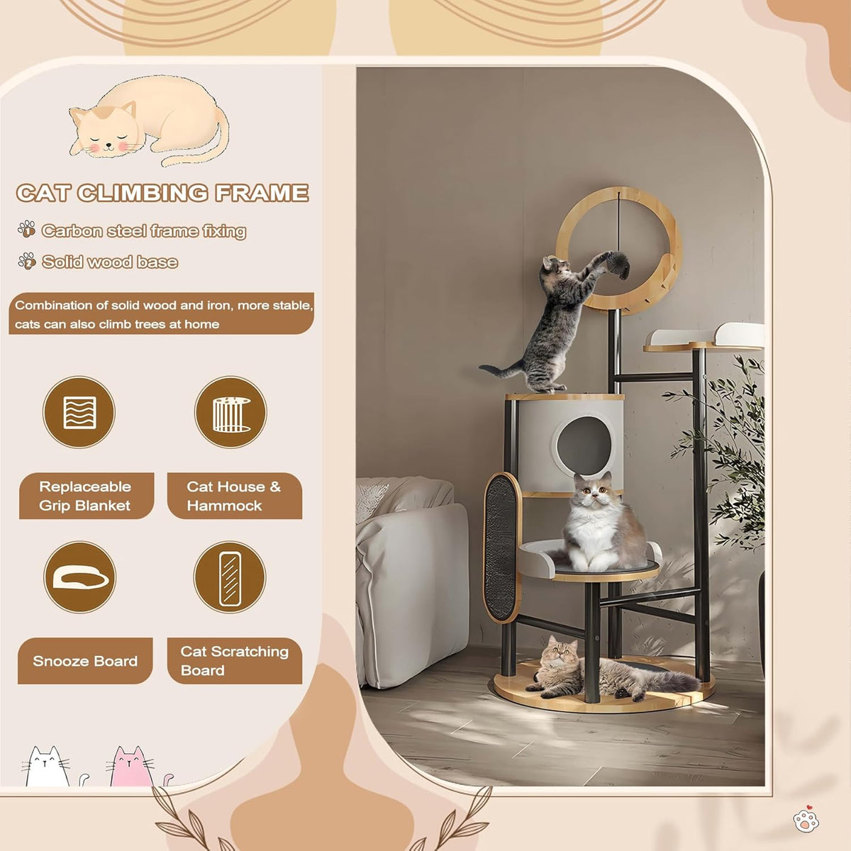 Cat Tree, 66In Cat Tower with Scratching Post, Tall Multi-Level Cat Houses for Indoor Cats Large
