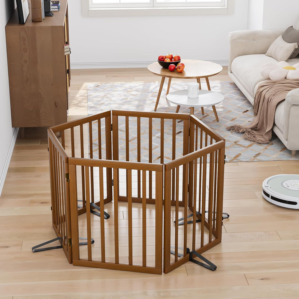 Freestanding Pet Gate Foldable Dog Gate (110 inches Wide) Walnut Bamboo Dog Gates for Stair