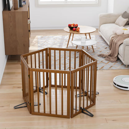 Freestanding Pet Gate Foldable Dog Gate (110 inches Wide) Walnut Bamboo Dog Gates for Stair