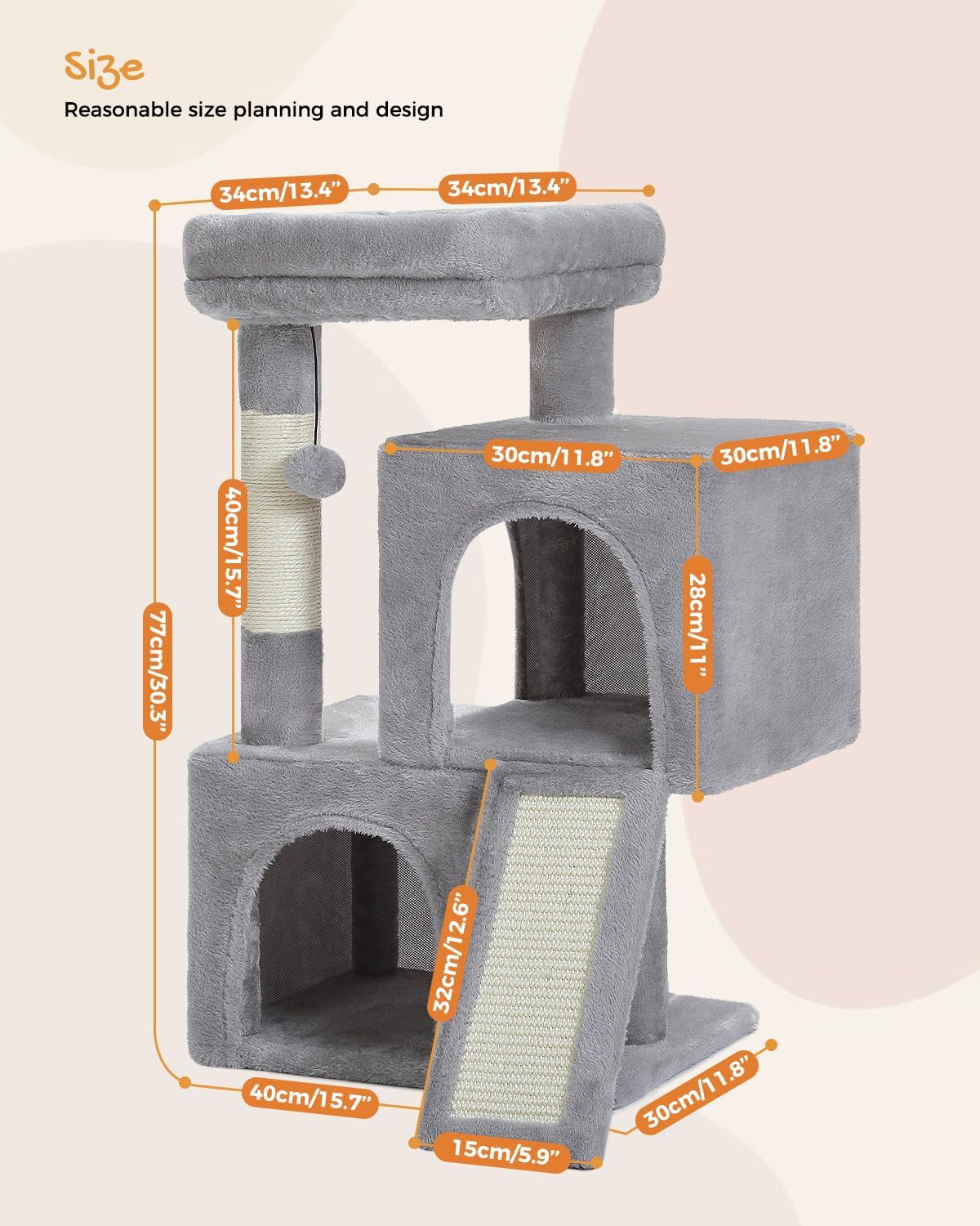 PAWZ Road Cat Tree, 30 Inches Cat Tower with Dual Condos for Indoor Cats, Plush Cat House with