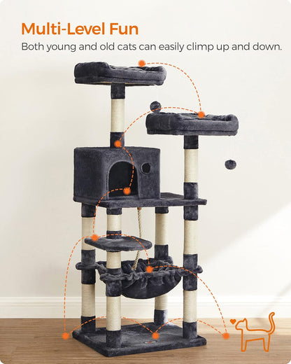 FEANDREA Cat Tree, Cat Tower for Indoor Cats, 56.3-Inch Cat Condo with Scratching Posts, Hammock