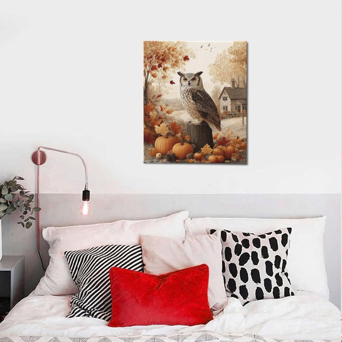 Fall Owl Wall Art Autumn Pumpkin Leaves Wall Decor Rustic Canvas Print Farmhouse Pictures Painting