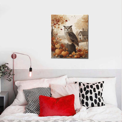 Fall Owl Wall Art Autumn Pumpkin Leaves Wall Decor Rustic Canvas Print Farmhouse Pictures Painting