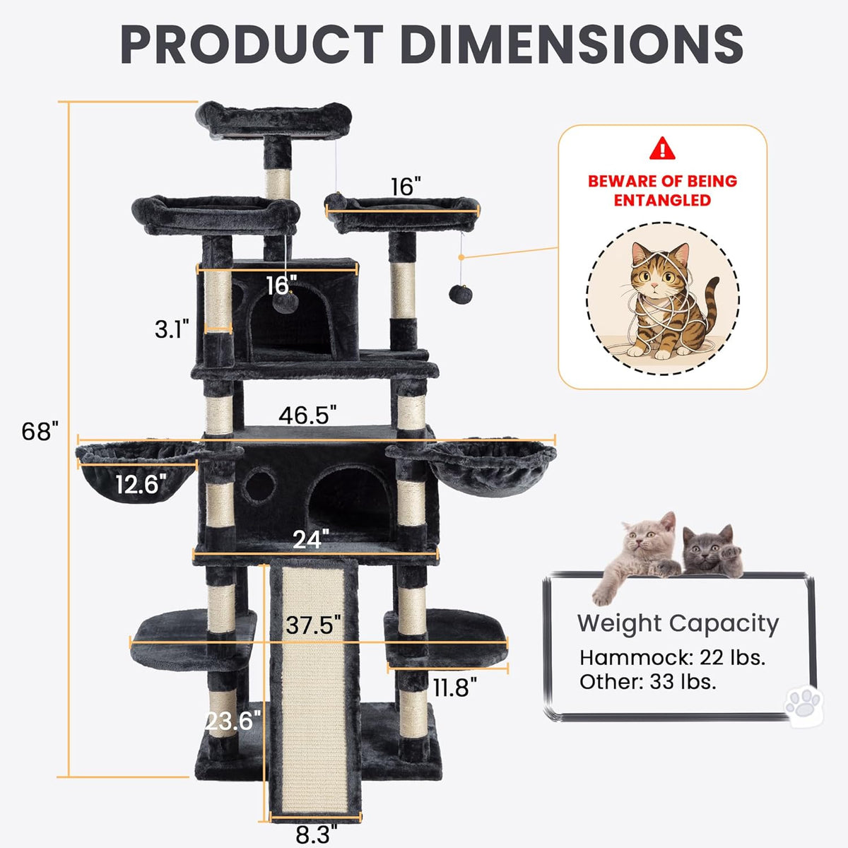 SHA CERLIN 68 Inches Multi-Level Large Cat Tree for Large Kitties/Big Cat Tower with Condo/Cozy