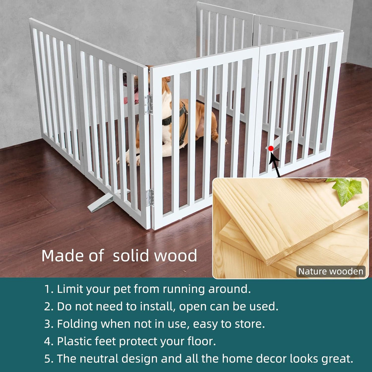 ZJSF Freestanding Indoor Dog Gate for House Foldable Wood White Puppy Gate for Doorways Pet Gate