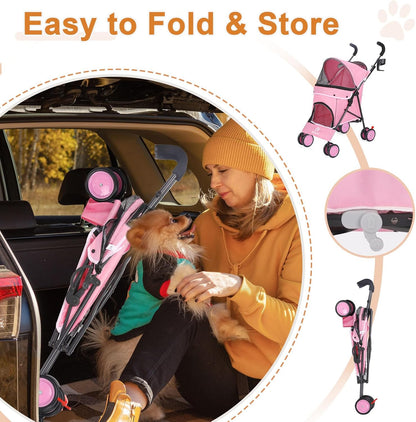 Umbrella Dog Stroller, 4 Wheels Pet Strolling, Foldable Carrier Pet Stroller for Small Dogs Cats