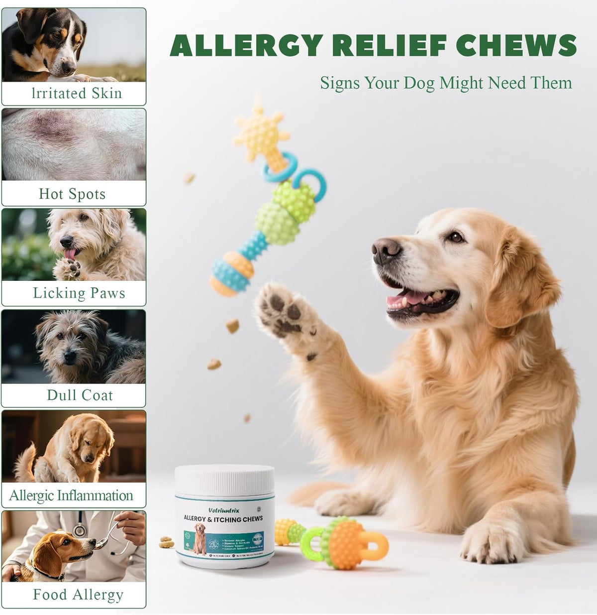 Dog Allergy Chews, Dogs Allergy Relief Chews for Paw Licking Itchy Skin Coat Supplement, Probiotics