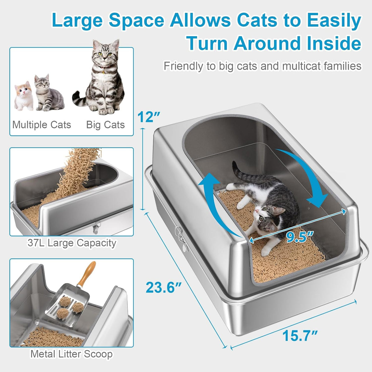 12'' High Sides XL All Stainless Steel Cat Litter Box with Lid,Deep Metal Litter Box for Big