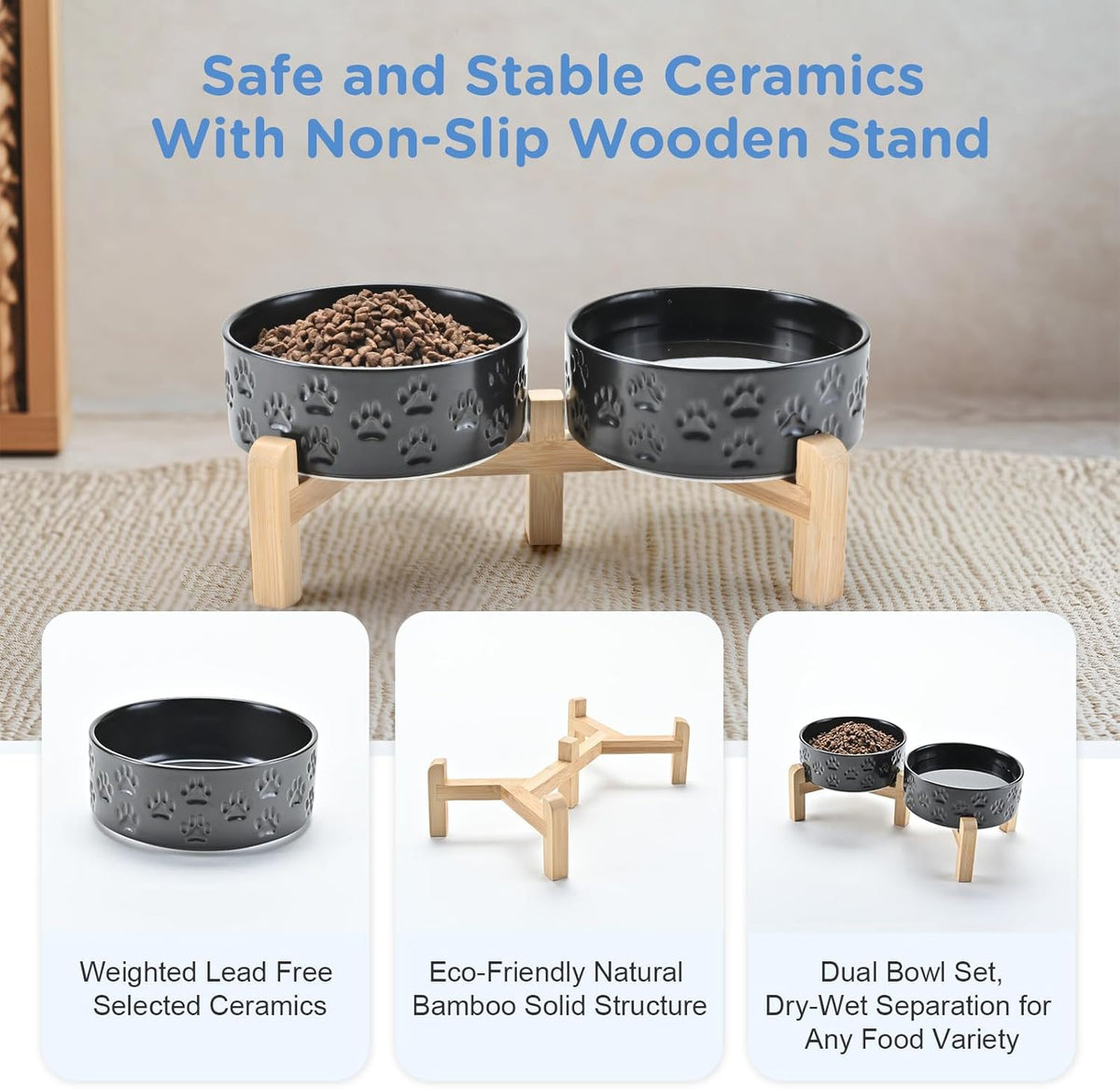 SPUNKYJUNKY Elevated Dog Bowls Ceramic, 5.1'' Dogs and Cat Food Water Bowls Raised with Non-Slip