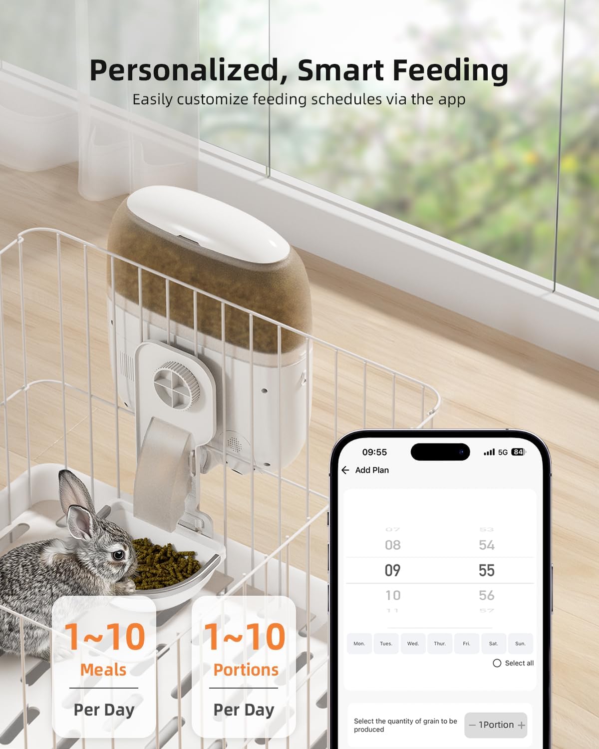 Hanging Automatic Rabbit Feeder with 1080P Camera, 62oz Storage, Multiple Pet Cage Compatibility