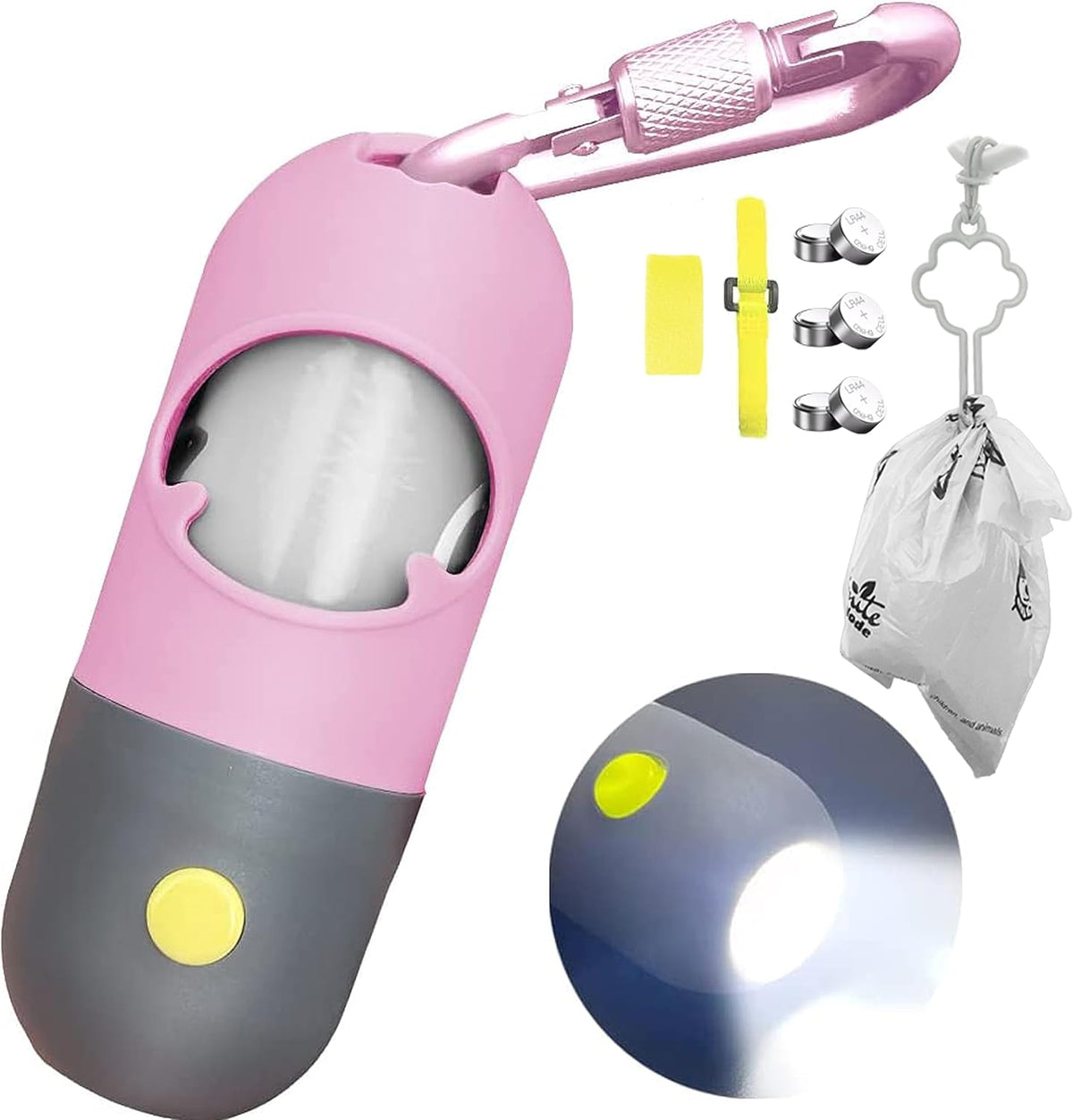 Dog Poop Bag Dispenser with Built-in LED Flashlight and Metal Clip for Leash, Pet Waste Bag Holder