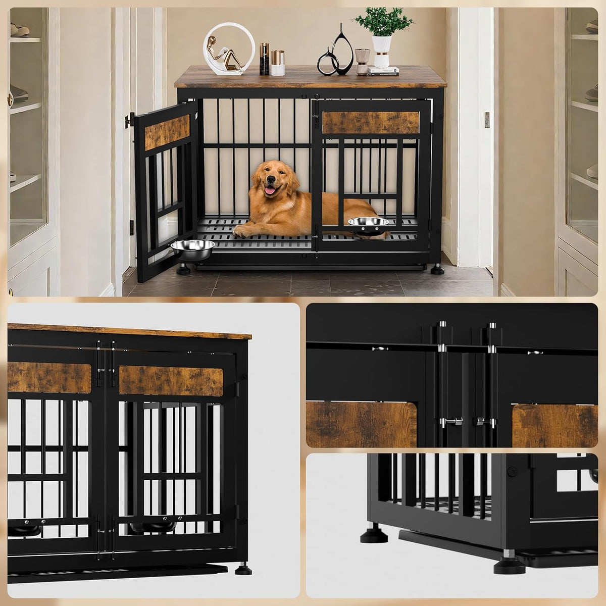Dog Crate Furniture End Table 38 Inch Hidden Kennel Cabinet with Removable Tray, Thickened Metal