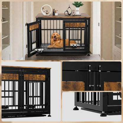 Dog Crate Furniture End Table 38 Inch Hidden Kennel Cabinet with Removable Tray, Thickened Metal