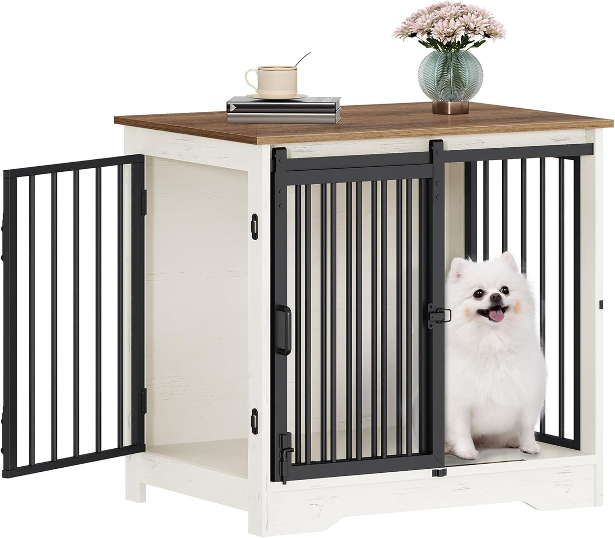 27.2" Dog Crate Furniture with Barn Door, Heavy Duty Dog Kennel Indoor with 2 Doors, Wooden Pet