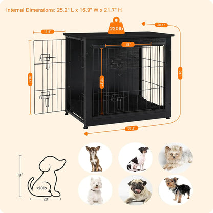 DWANTON Dog Crate Furniture with Cushion, Wooden Kennel Table with Double Doors, Indoor Dog House