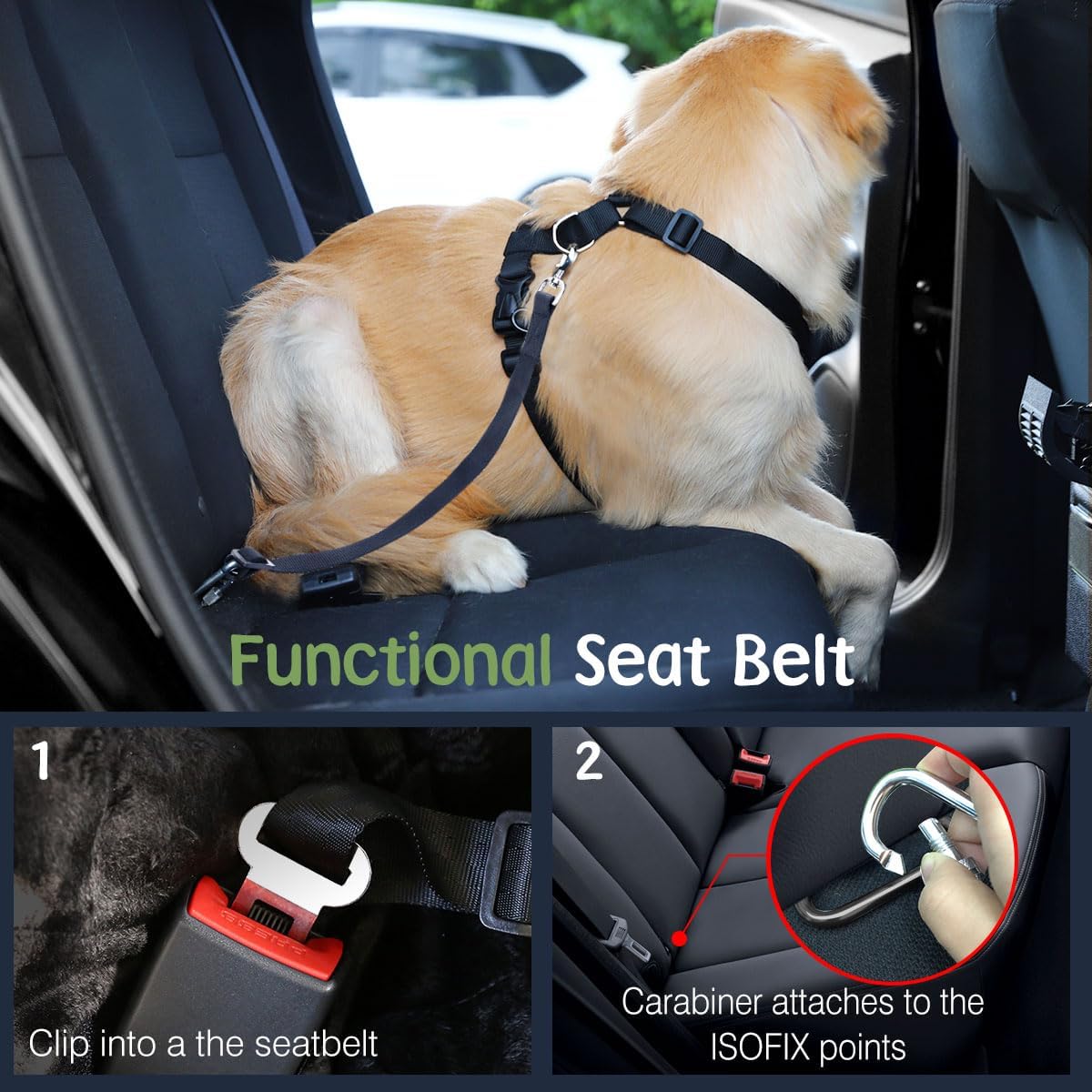 Dog Seat Belt, Safety Vest Dog Car Harness with Adjustable Buckle Dog Seat Belt for Vehicle Nylon