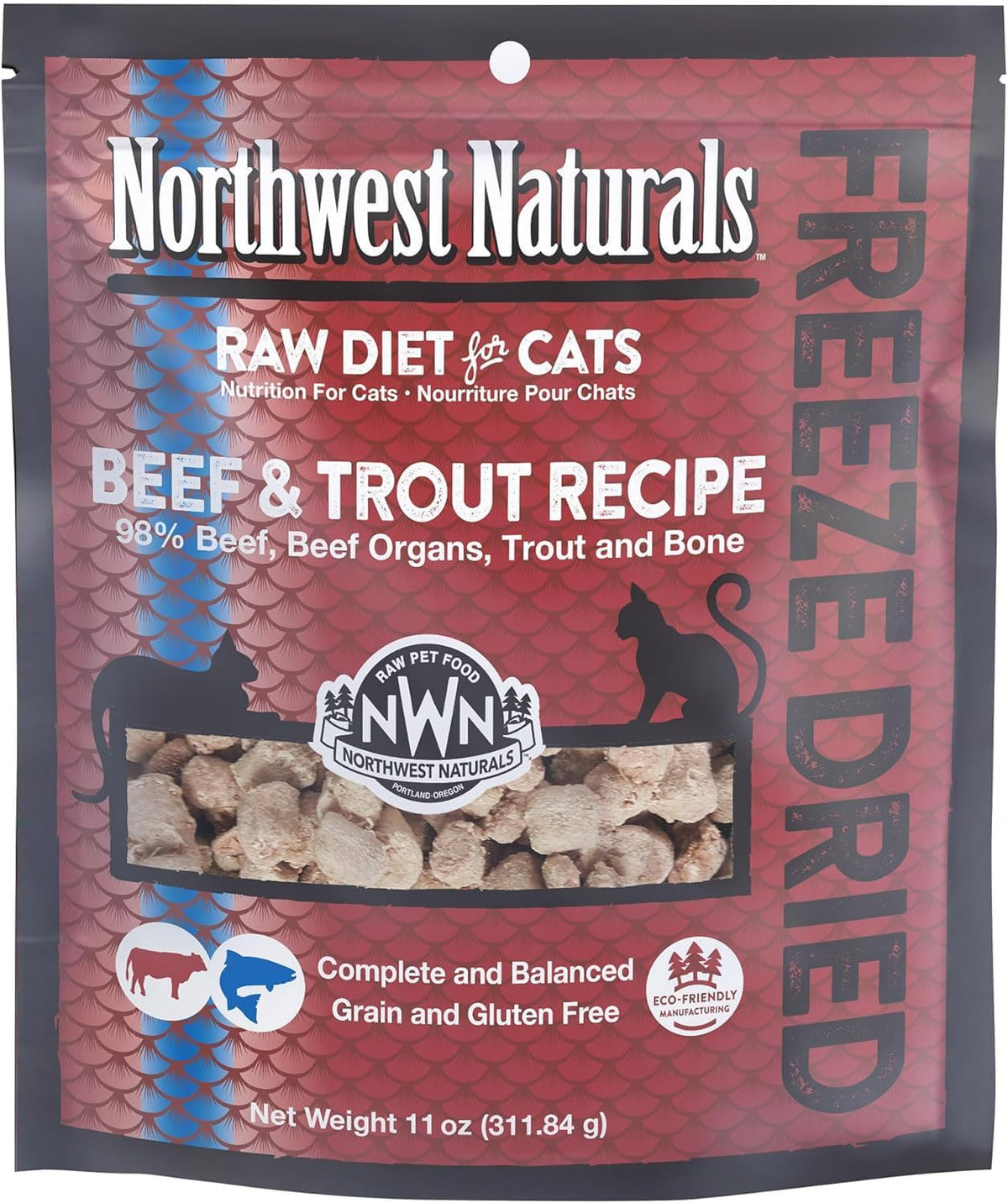 Northwest Naturals Freeze-Dried Beef & Trout Cat & Kitten Food, Bite-Sized Nibbles, Healthy