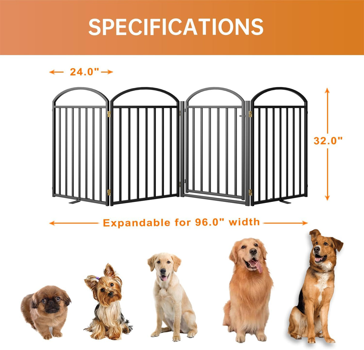 4 Panles Full Matel Freestanding Dog Gates with Door, 96"Extra Wide 32"Tall Free Standing Dog Pet