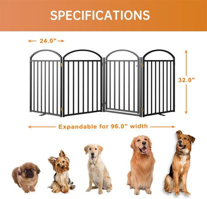 4 Panles Full Matel Freestanding Dog Gates with Door, 96"Extra Wide 32"Tall Free Standing Dog Pet