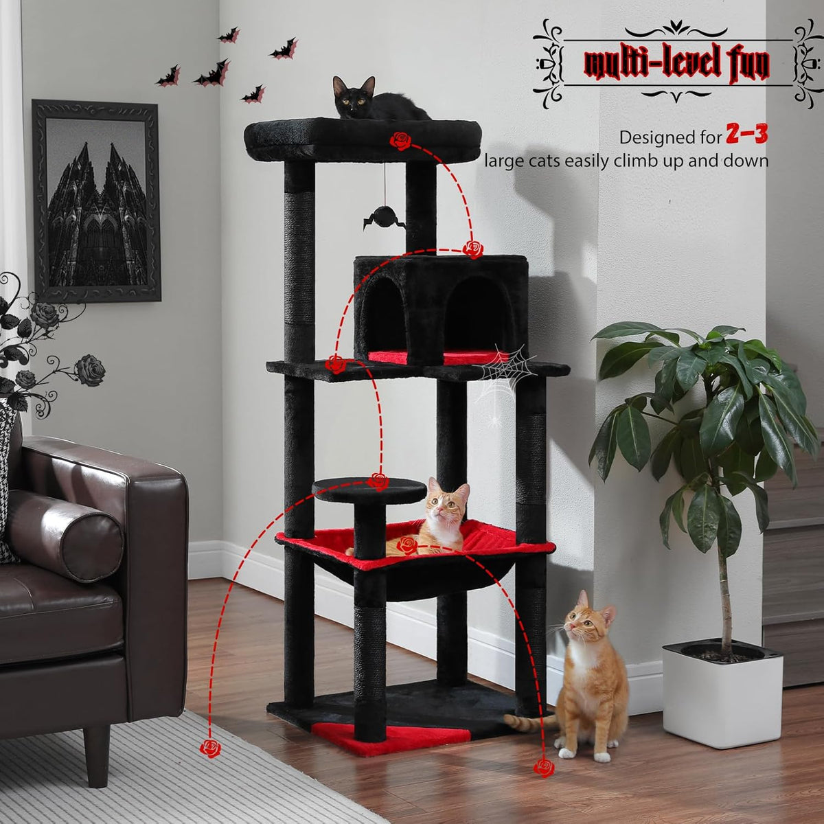 PETEPELA 56.3" Gothic Cat Tree for Indoor Cats, Tall Cat Tower with Super Large Hammock (20"X16")