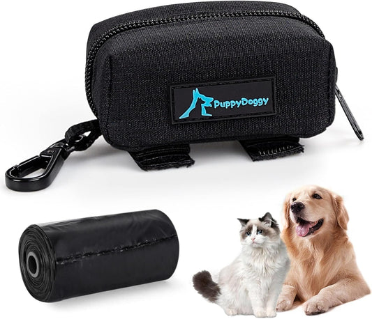 PuppyDoggy Dog Poop Bag Holder for Leash Black Waste Bag Dispenser with 1 Roll of Poop Bags for