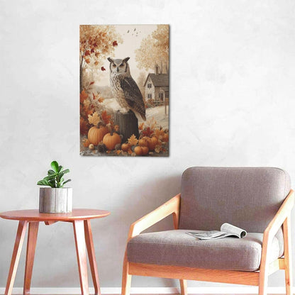 Fall Owl Wall Art Autumn Pumpkin Leaves Wall Decor Rustic Canvas Print Farmhouse Pictures Painting