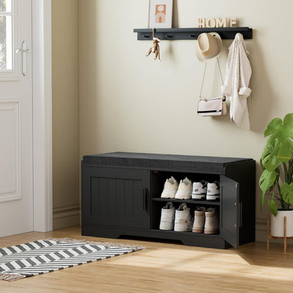 2-Tier Storage Bench, Shoe Bench with Thickened Padded Seat Cushion, Entryway Bench with 2 Doors