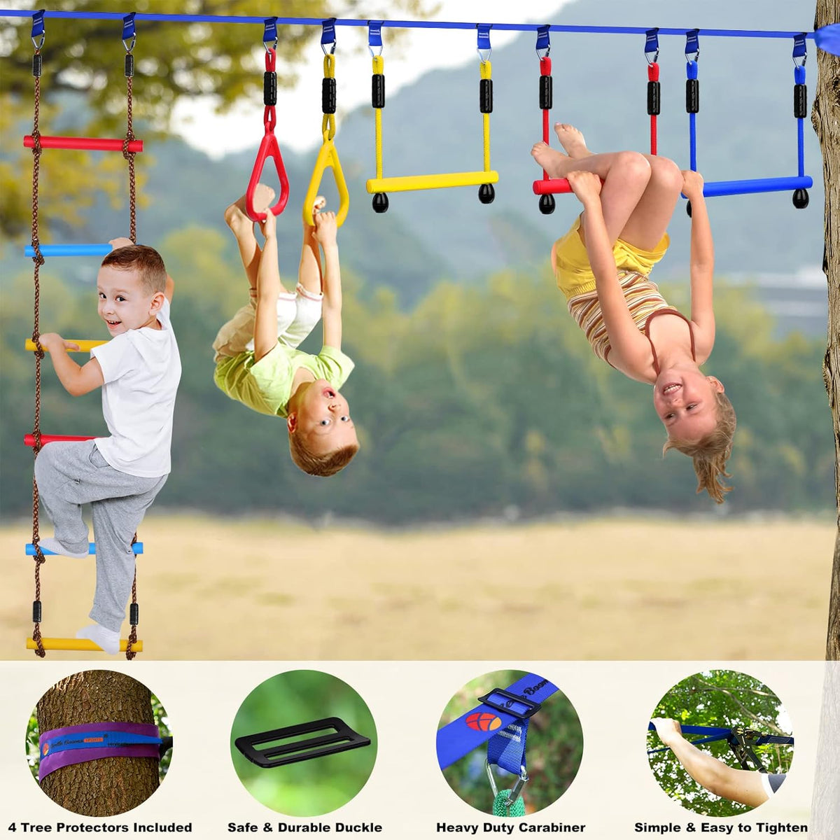 2x65 FT Ninja Warrior Obstacle Course for Kids with 13 Ninja Accessories - 600lbs Weight Capacity