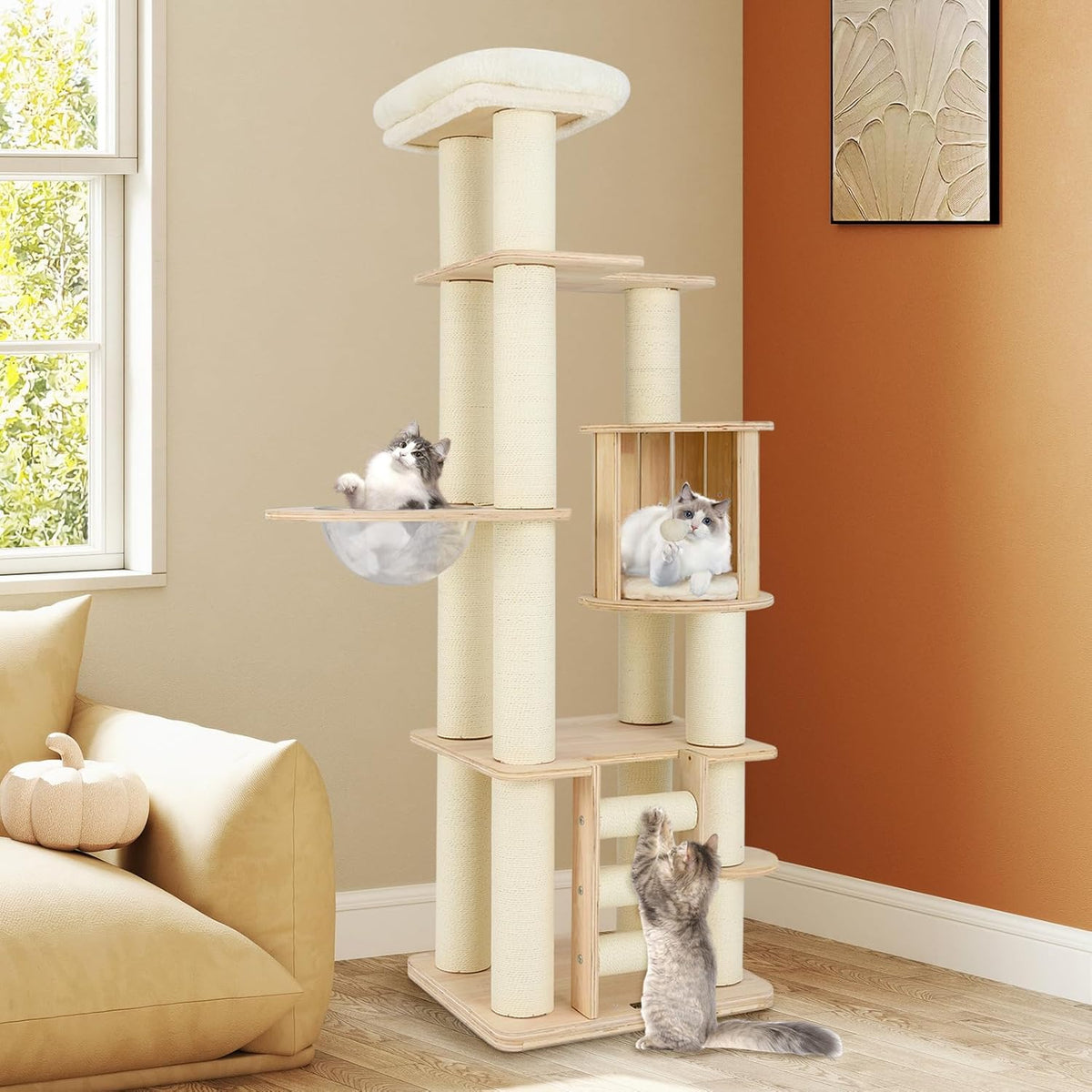 Tangkula 71” Tall Cat Tree, Multi-Layer Wood Cat Tower with Scratching Posts, Perch, Condo, Space