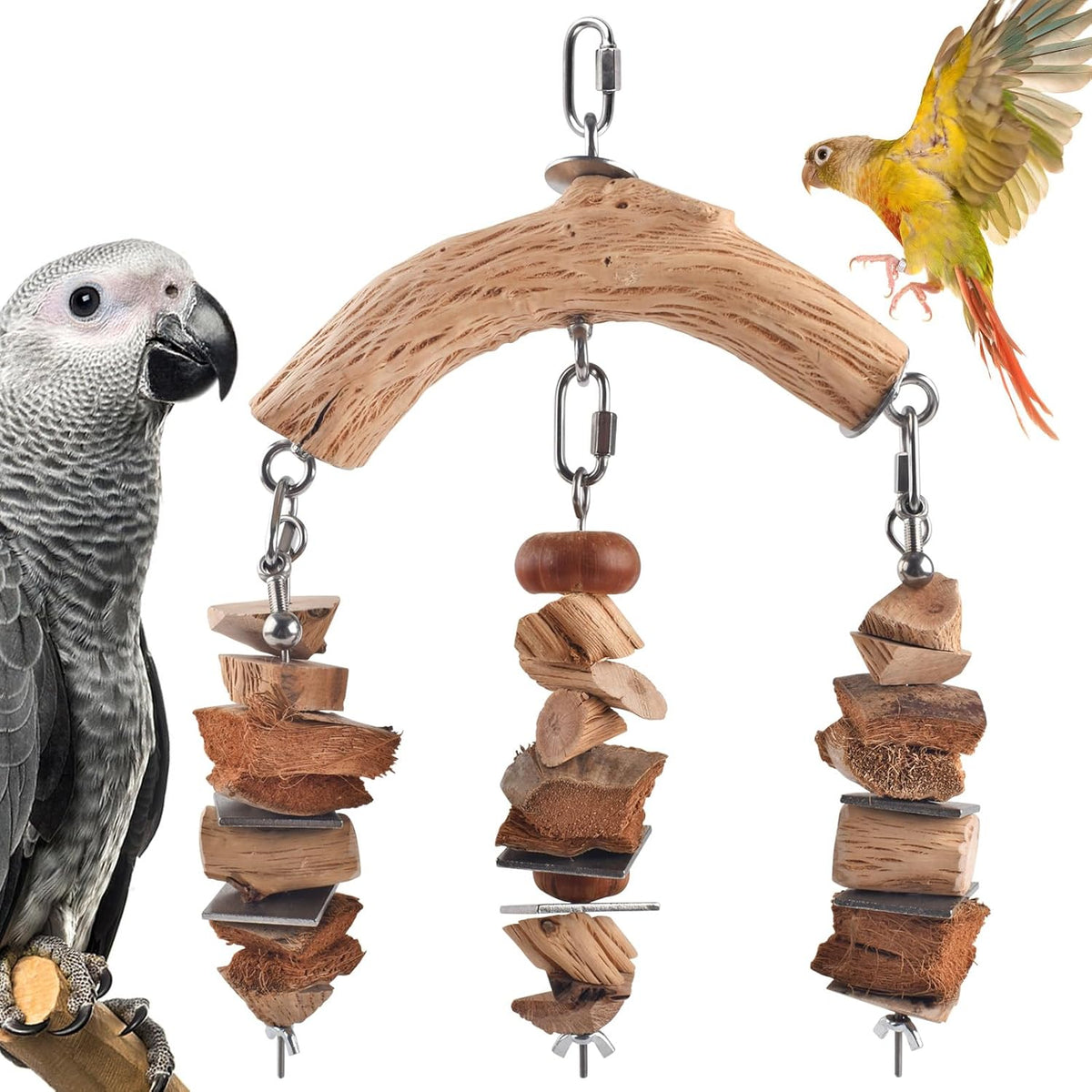 Bird Parrot Toys, Large Birds Wooden Chew Blocks with Stainless Steel Cage Hanging Bite Toy for