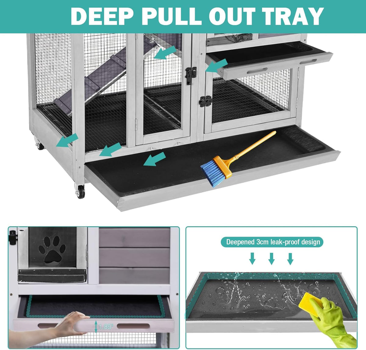 Rabbit Hutch Indoor for 2-4 Rabbits & Guinea Pigs，Bunny Cage with Slide-Out Plastic Trays，Wooden