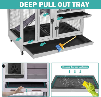 Rabbit Hutch Indoor for 2-4 Rabbits & Guinea Pigs，Bunny Cage with Slide-Out Plastic Trays，Wooden