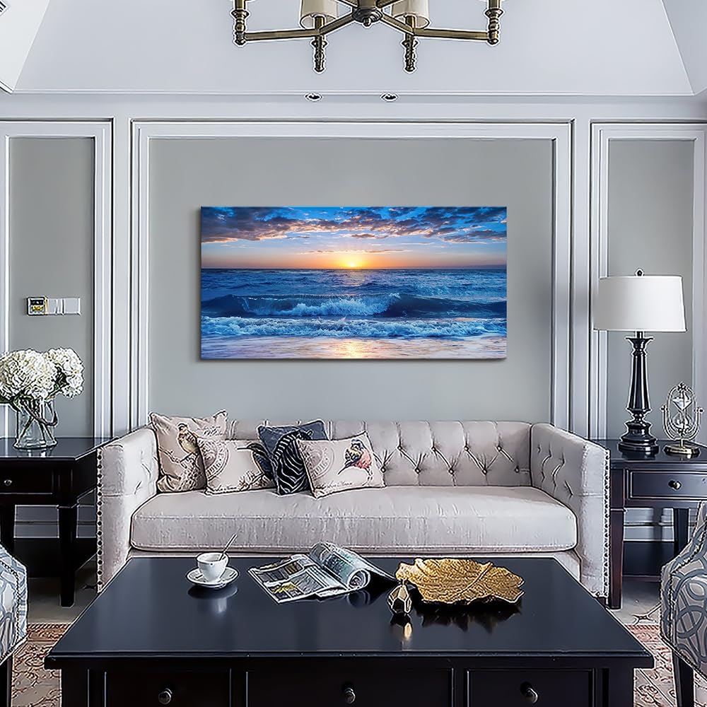 Lapremoly Framed Canvas Wall Art - Large Blue Ocean Beach Wall Painting for Living Room, Bedroom &