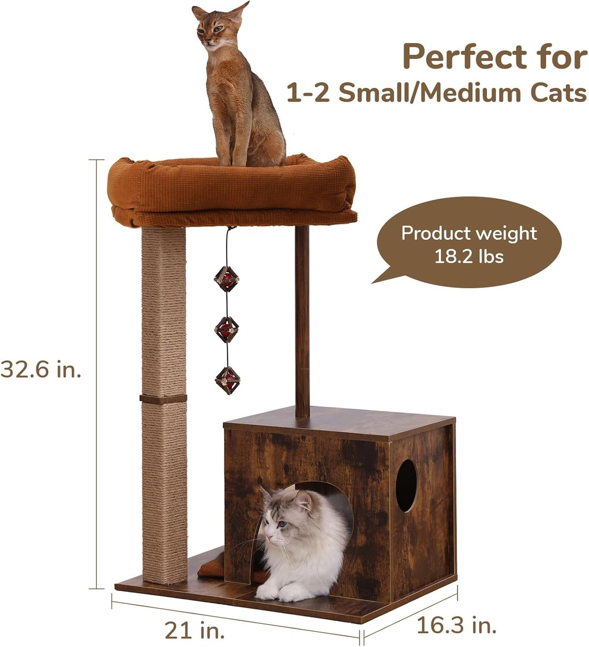 FUKUMARU Cat Scratching Post, Modern Style Cat Tree with Unique Square Post, Wooden Cat Tower with