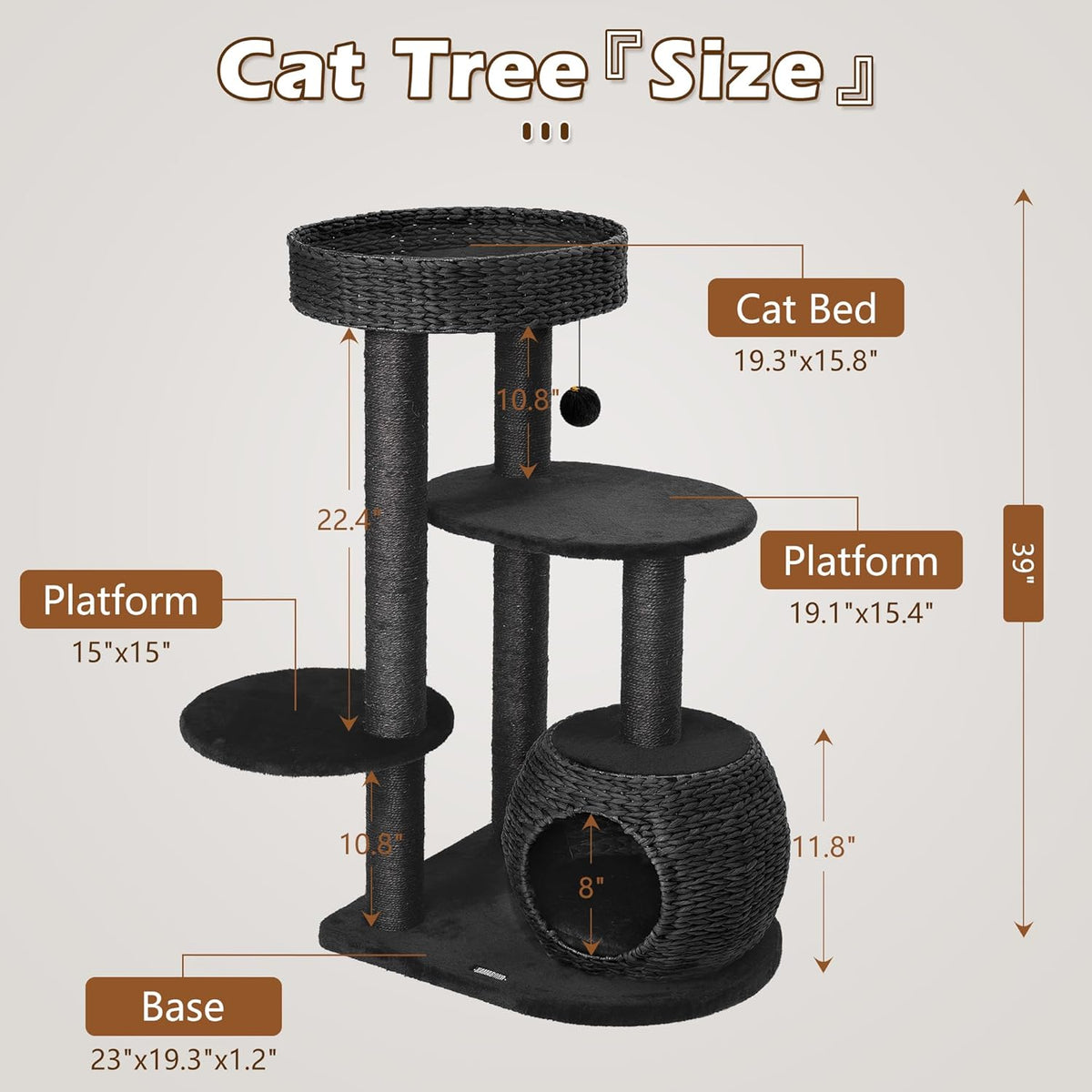 KAMABOKO Modern Cat Tree, 39" Tall Cat Tree Black for Kittens Climb Play & Rest, Cat Trees for