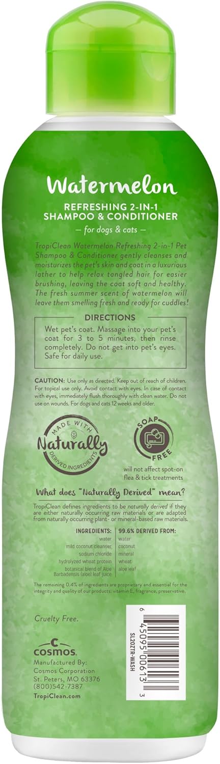 TropiClean Watermelon Refreshing 2-in-1 Cat & Dog Shampoo and Conditioner | Cat & Dog Bath Supplies