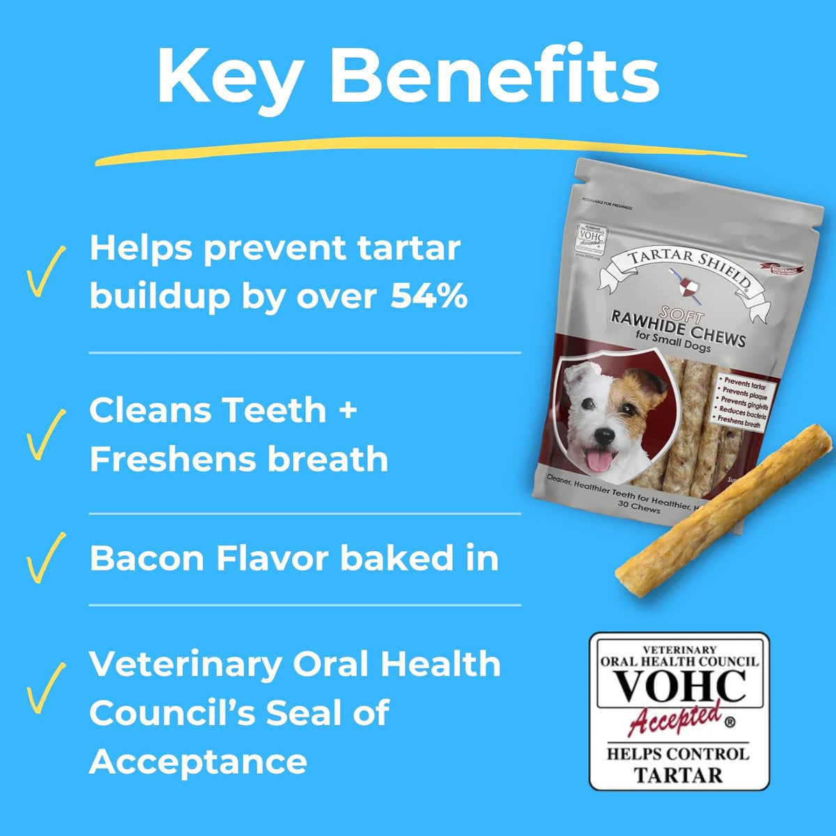 Tartar Shield Soft Rawhide Chews | Safe Dental Treats for Small Dogs | Vet VOHC Approved | Daily