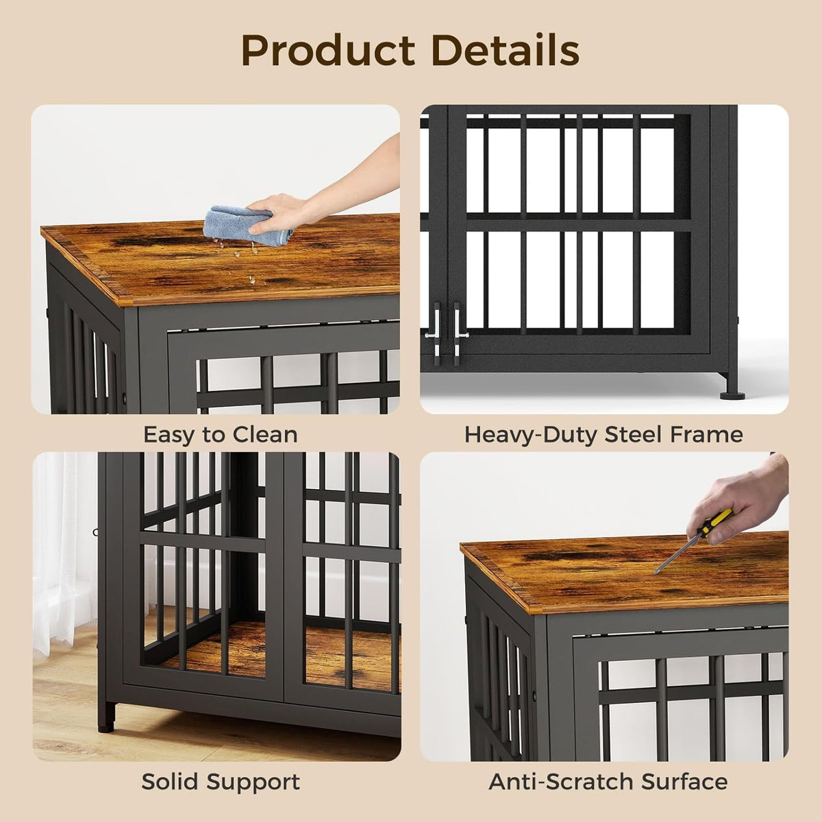 32 Inch Heavy Duty Wooden Dog Kennel End Table with Double Door Design and Secure Locks, Indoor Pet