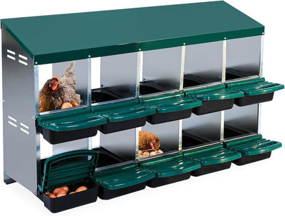 Chicken Nesting Box, 10 Hole 2 Layer Hen Nest Boxes, Roll Away Eggs Laying Boxes,Cleanable Pull Out