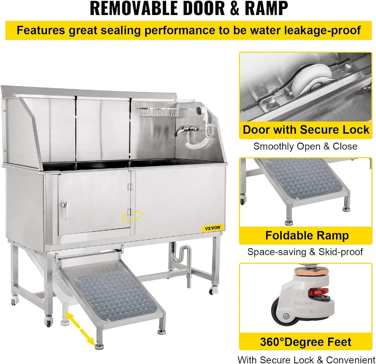 VEVOR Dog Grooming Tub, 62" L Pet Wash Station, 304 Stainless Steel Pet Grooming Tub Rated 661LBS