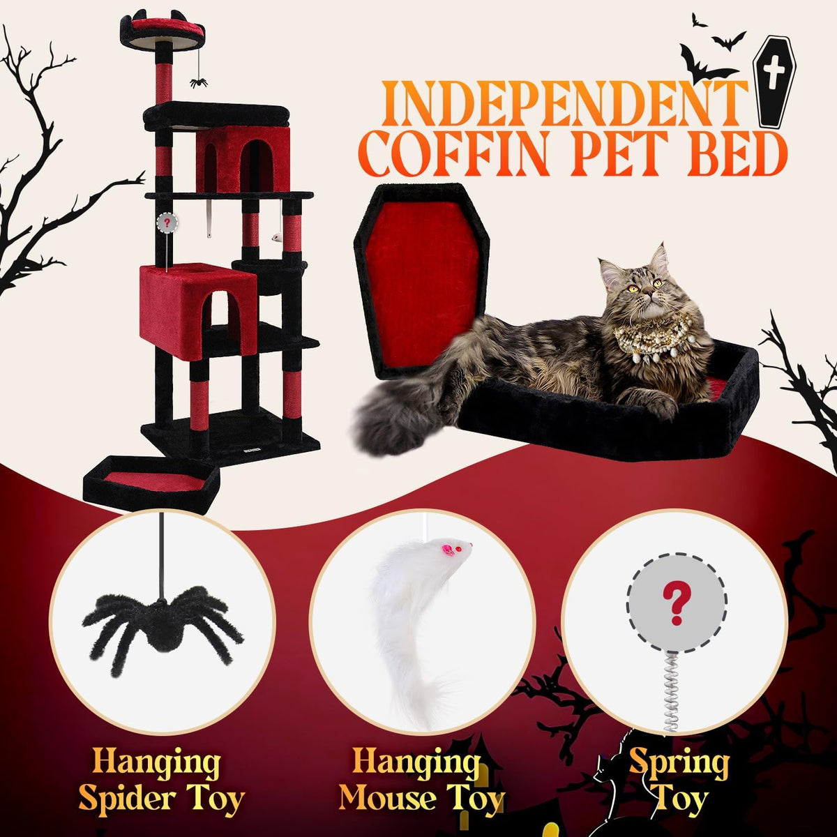 Globlazer Heavy Duty Gothic Cat Tree, 72in Large Cat Tower with Coffin Bed, Sturdy Maine Coon Cat