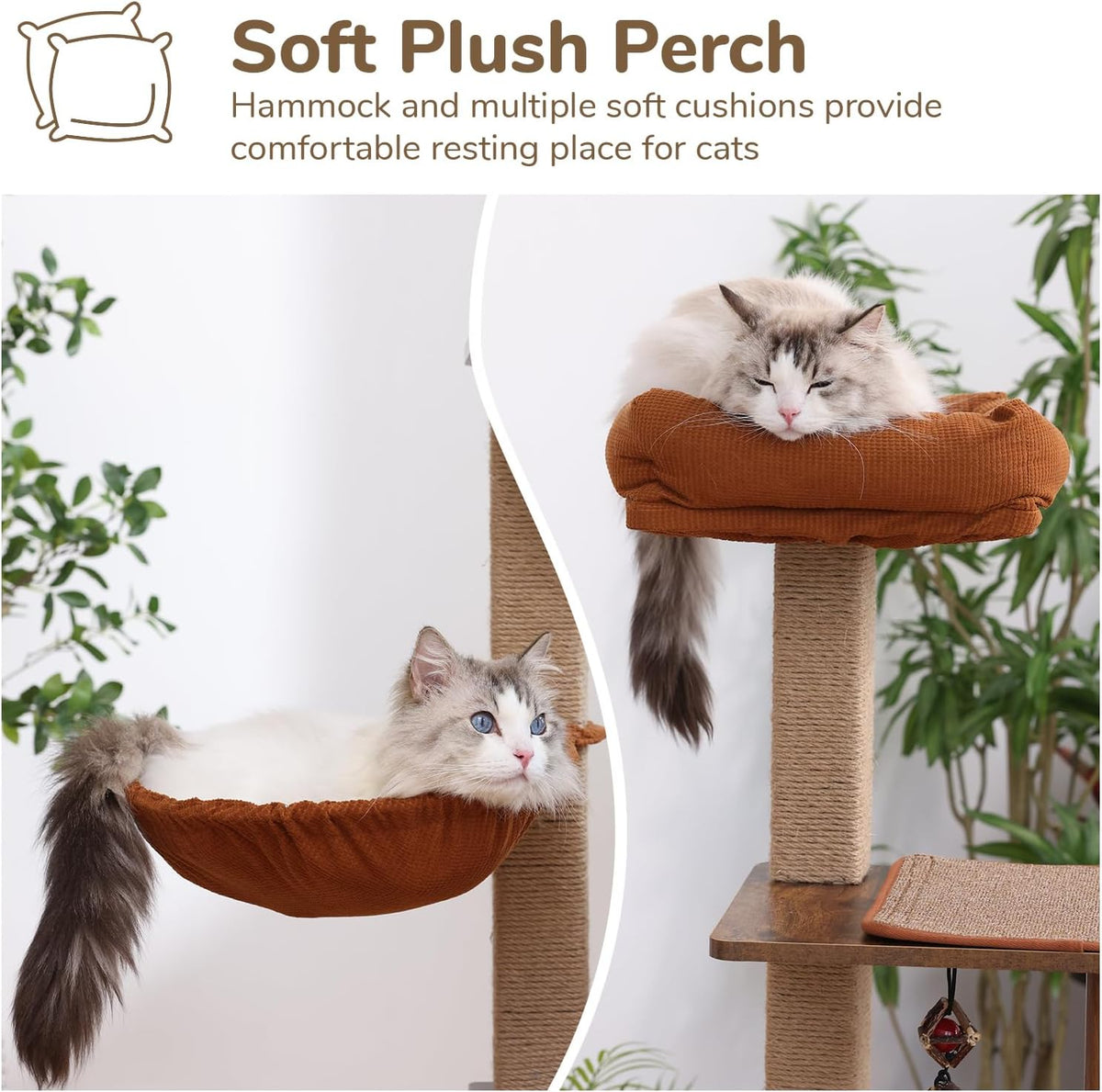 FUKUMARU Cat Tree, 4 in 1 Large Modern Cats Tower with Jute Scratching Post and Hammock, Wood Cat