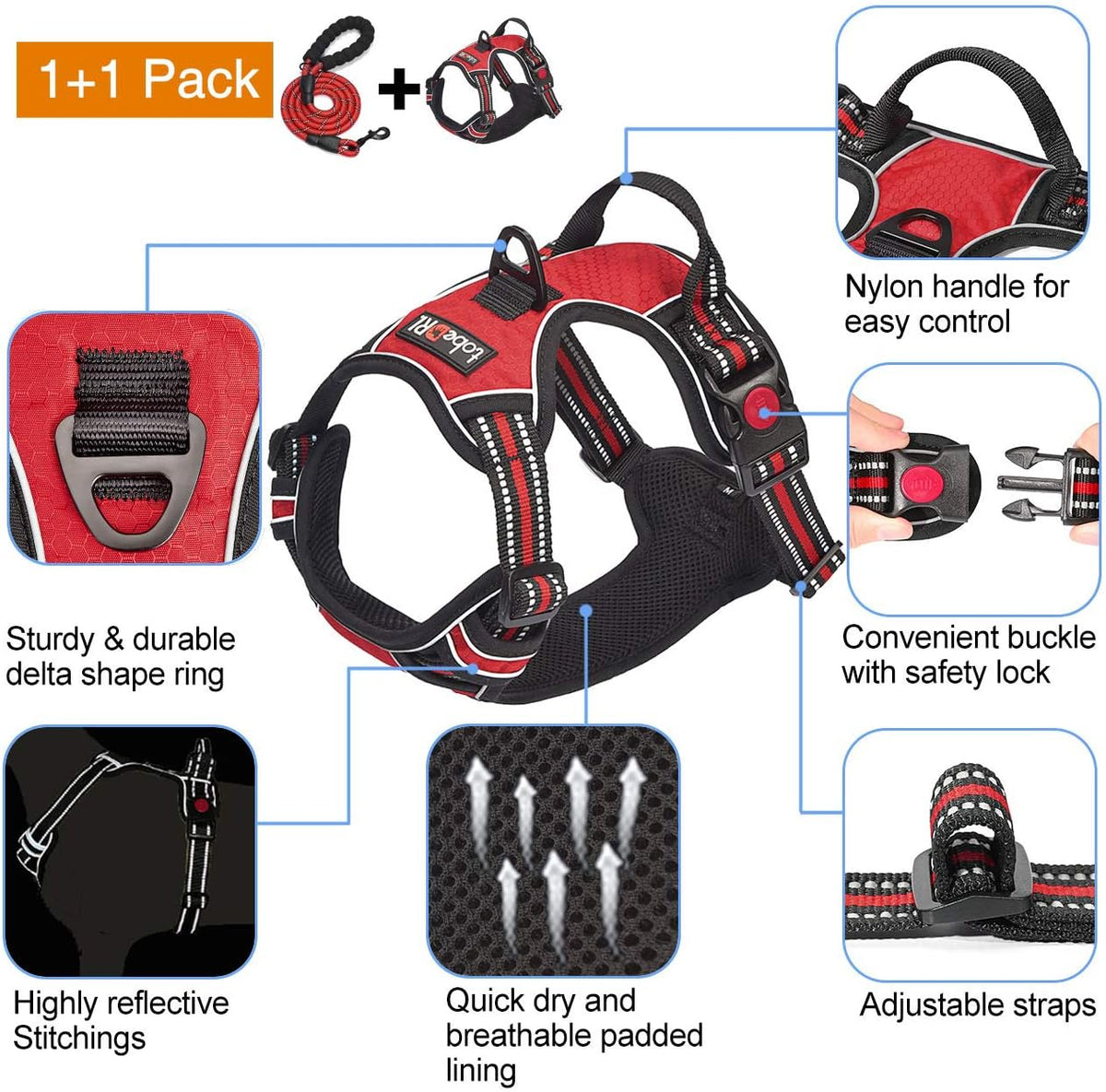 No Pull Dog Harness Adjustable Reflective Oxford Easy Control Medium Large Dog Harness with A Free