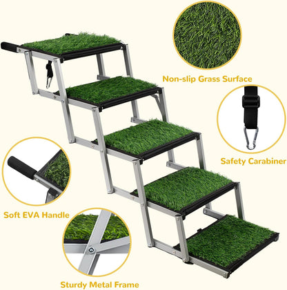 Dog Stairs for Car, Portable Folding Dog Ramps,Dog Steps for Large Dogs with Non-Slip Grass Rug for